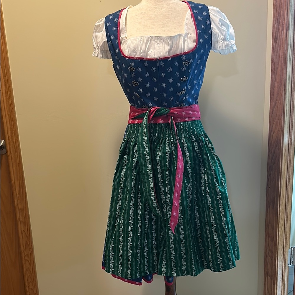 Traditional Blue and Green Dirndl Dress with Pink Sash